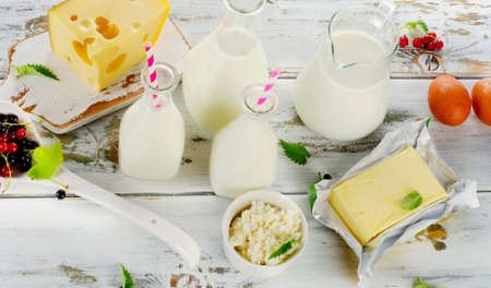 Fresh Dairy products on  white wooden table. Top viewの写真素材