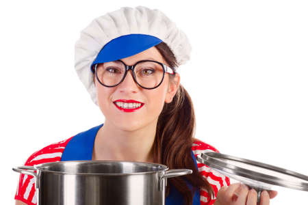 Happy woman chef cook holding pot. Isolated on a white backgroundの写真素材