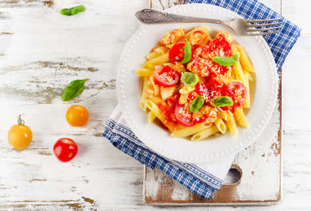 Pasta with Chicken,Bolognese Sauce, Parmesan Cheese and Basil. Italian healthy food. Top viewの写真素材