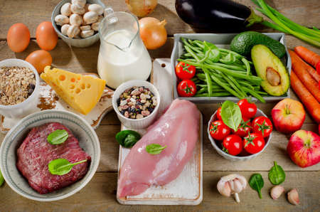Assortment of Fresh Vegetables and Meats for Healthy Diet on a rustic table. Top viewの写真素材