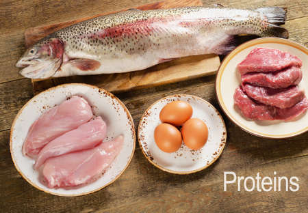 High Protein Foods on  wooden table. Top viewの写真素材
