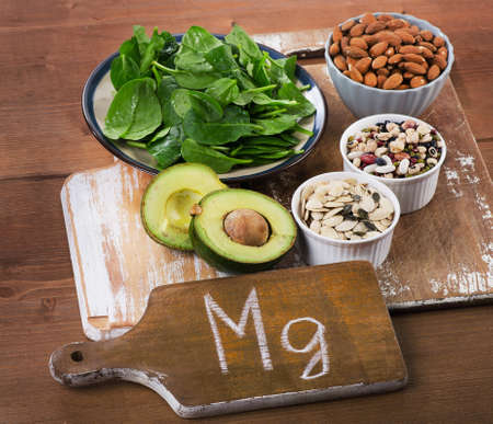 Magnesium Rich Foods on a wooden table.の写真素材
