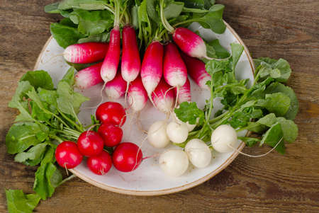 Bundle of fresh organic radishes with leaves on  rustic table. Top viewの写真素材
