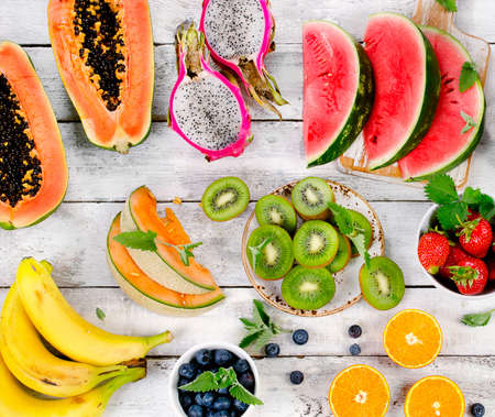 Fruits background. Healthy food concept. Top view