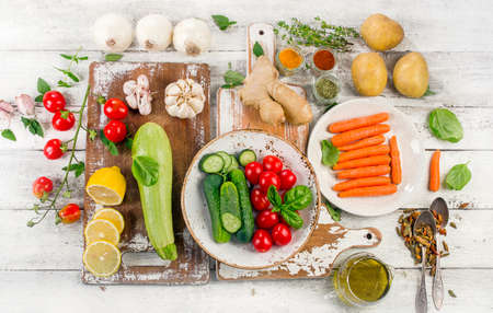 Raw organic vegetables. Food background. Top view