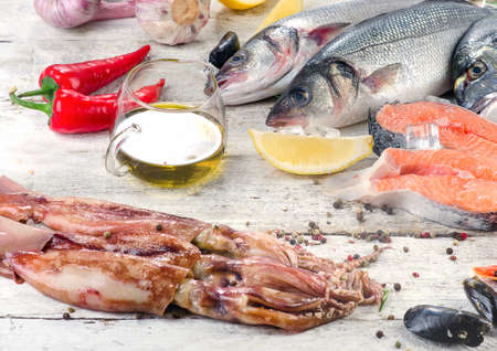 Fresh Fish and seafood with herbs and spices. Healthy eating.の写真素材