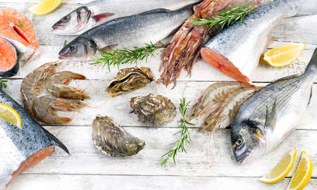 Fresh seafood. Healthy diet eating. Top viewの写真素材