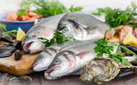 Fresh seafood on wooden board. Healthy eating.