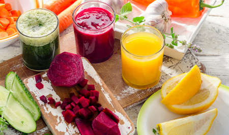 Detox. Healthy diet eating. Colorful fruits and vegetables. View from aboveの写真素材