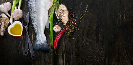 Raw salmon with herbs and spices on dark rustic board.  Fish preparing for cooking. Healthy food. Diet concept.の写真素材