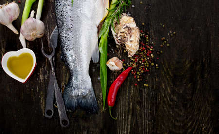 Raw salmon with herbs and spices on dark rustic board.  Fish preparing for cooking. Healthy food. Diet concept.の写真素材