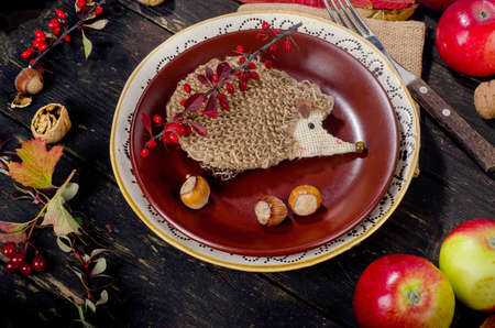 Autumn table setting with fruits and nuts.の写真素材