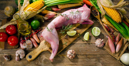 Raw whole rabbit with vegetables and fresh herbs on a dark rustic background. View from aboveの写真素材