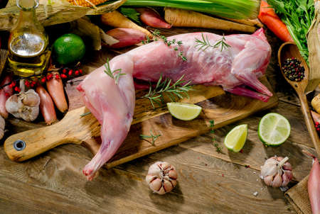 Raw whole rabbit with vegetables and fresh herbs on a dark wooden background. View from aboveの写真素材