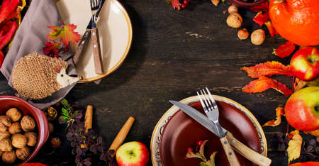 Autumn table setting with fruits and nuts. Top viewの写真素材