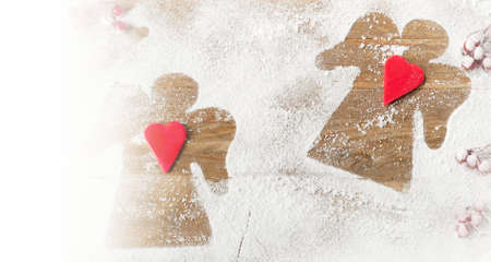 Christmas Angels on  wooden background. Top viewの写真素材
