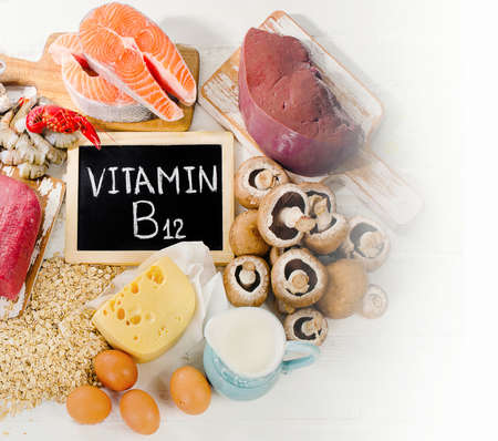 Natural sources of Vitamin B12 (Cobalamin). Healthy eating. Top viewの写真素材