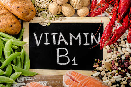 Foods Highest in Vitamin B1 (Thiamin). Flat layの写真素材