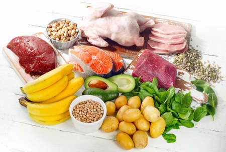 Natural products rich in vitamin B6. Healthy food concept. View from aboveの写真素材