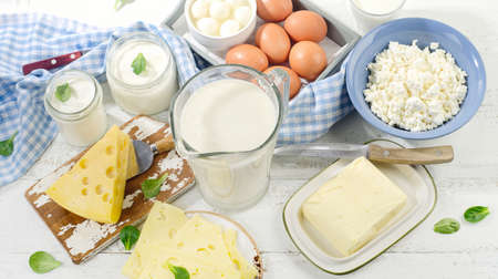 Set of fresh dairy products. View from aboveの写真素材