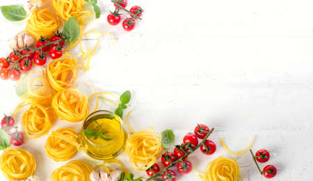 Italian pasta with olive oil and vegetables. Top viewの写真素材