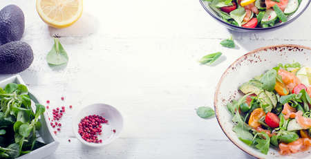 Fresh Salmon salad with cherry tomatoes, olive oil and avocado. Banner. Panoramaの写真素材