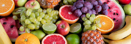 Fresh fruits background. Healthy eating concept. Top view. Panoramaの写真素材
