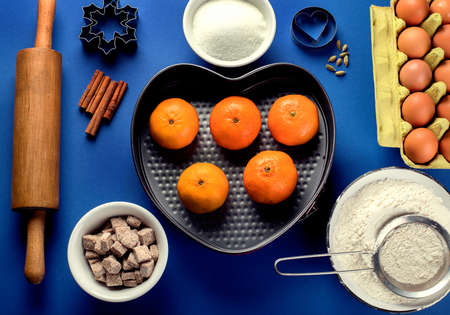 Baking background. Variety ingredients for baking. Top view