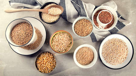 Variety of healthy grains background. Top viewの写真素材