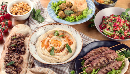 Lebanese food. Middle eastern traditional cuisine. Top viewの写真素材