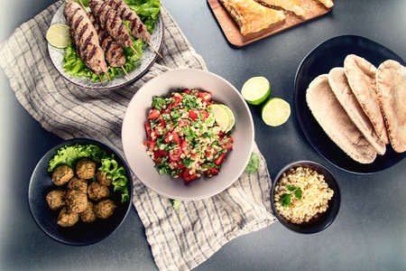 Selection of arabic food. Middle eastern cuisine. Halal food. Top view  の写真素材