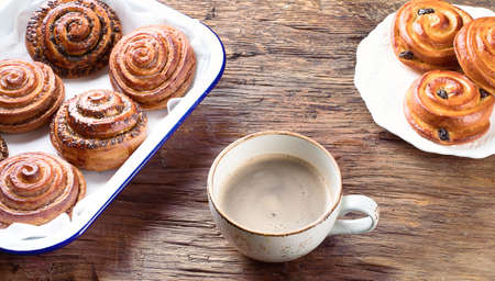 Sweet Cinnamon, Raisin and Poppy seeds Buns on Rustic Table.の写真素材