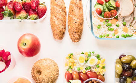 Healthy lunch box with  fruits and vegetables rice and salad. Healthy food concept