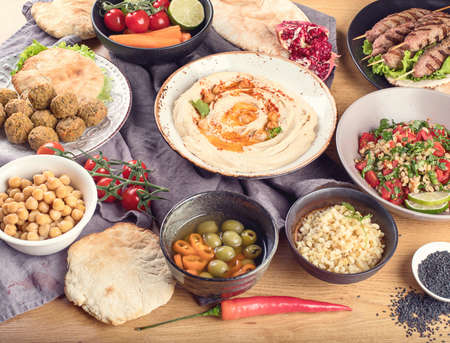 Lebanese food. Middle eastern traditional cuisine. Top viewの写真素材