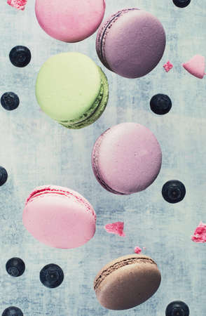 French sweet macaroons flying in motion.の写真素材