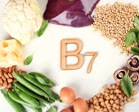 Foods rich in vitamin B7 (Biotin). Healthy eating concept. Top viewの写真素材
