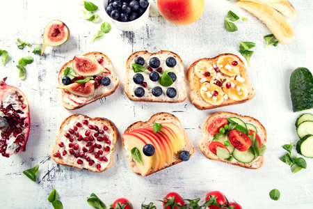 Healthy summer toasts for breakfast. Top viewの写真素材