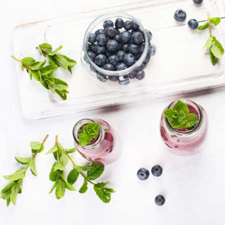 Fresh blueberry smoothie for healthy breakfastの写真素材