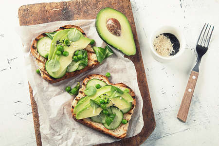 Aavocado toasts. Healthy vegetarian and diet concept. Top viewの写真素材