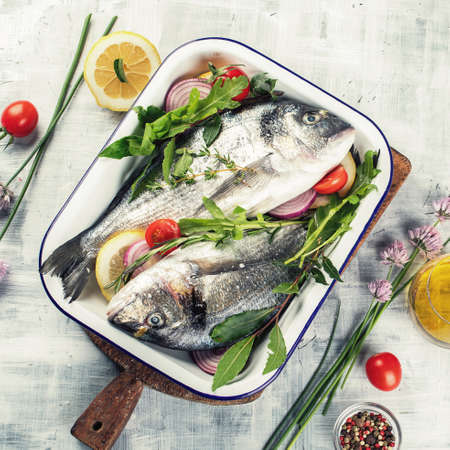 Raw dorado fish or  Sea bream. Heallthy diet eating. Top view の写真素材