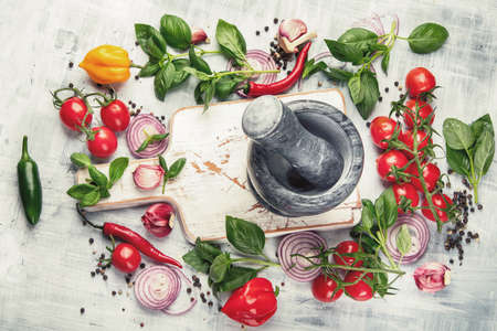 Fresh vegetables and herbs. Healthy food background. Top view の写真素材