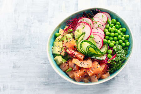 Raw Organic Ahi Salmon Poke Bowl.  Top view