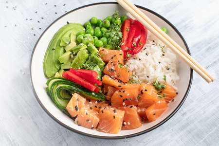 Hawaiian ahi Salmon poke bowlの写真素材