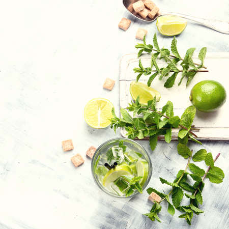 Mojito cocktail drink with lime and mintの写真素材
