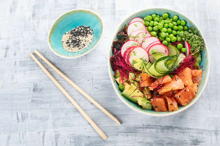 Raw Organic Ahi Salmon Poke Bowl.  Top view