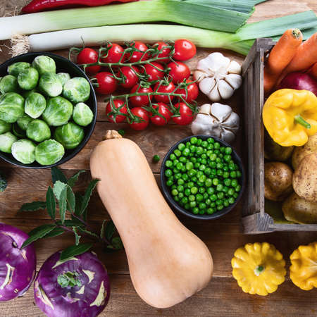 Fresh and local grown vegetables. Natural farm products. Healthy eating concept. Top viewの写真素材
