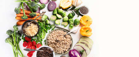 Healthy food cooking. Clean, vegan, vegetarian balanced eating. Ntrient rich foods concept. Panoramaの写真素材