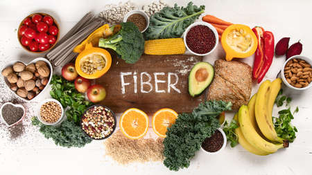 High Fiber Foods. Healthy balanced dieting concept. Top viewの写真素材