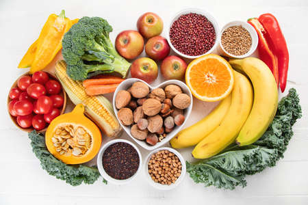 High Fiber Foods. Healthy balanced dieting concept. Top viewの写真素材