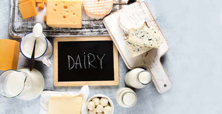 Different dairy products. Flat lay. Panoramaの写真素材